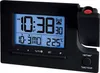 A black digital projection alarm clock with a blue LCD screen displaying the time, date, and temperature. Produktbild-Vorschau