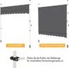 Two images of a dark gray awning on a white background, with text overlays and a close-up detail. Produktbild-Vorschau