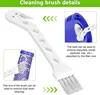 Collage showing a white cleaning brush with different attachments and close-ups of its use. Produktbild-Vorschau