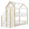 A white and natural wood bunk bed with stairs and a house-shaped frame. Anteprima dell’immagine prodotto