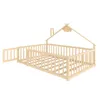 A wooden bed frame with a house-shaped top and a safety rail, shown from a side-diagonal angle against a white background. Voir les images du produit