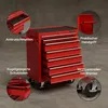 A red tool cart with multiple drawers, shown with callouts highlighting its features. Produktbild-Vorschau