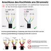 Instructional diagrams and text about connecting a cooktop to the power grid, showing different wiring options and warnings. Produktbild-Vorschau