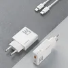 Two white USB chargers and a white charging cable are arranged on a textured gray and white surface. Anteprima dell’immagine prodotto