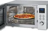 A silver microwave oven with its door open, showing a pizza inside on a baking tray. Produktbild-Vorschau