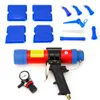 A collection of tools for applying sealant or caulk, including a pneumatic dispenser, various nozzles, and smoothing tools. Podgląd zdjęcia produktu
