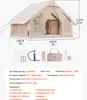 A beige camping tent with dimensions and accessories listed below it. Produktbild-Vorschau