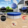 A round swimming pool cover is shown on a wooden deck, with various features highlighted by close-up images and text. Produktbild-Vorschau