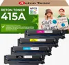 A product shot of toner cartridges with a marketing image of children holding signs about saving the planet. Produktbild-Vorschau