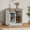 A white and wood sideboard with sliding doors, displaying glasses and wine bottles. Náhľad obrázku produktu