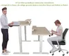 A man and a woman are shown using adjustable standing desks, demonstrating the product's functionality for both sitting and standing. Produktbild-Vorschau
