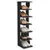 A black, multi-tiered shoe rack with various shoes displayed on its shelves. Náhled obrázku produktu