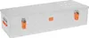 A silver aluminum storage box with orange latches on a white background. Produktbild-Vorschau