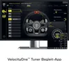 A computer screen displaying a racing wheel tuning application, with a racing wheel and a tablet interface shown. Podgląd zdjęcia produktu