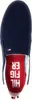 A top-down view of a navy blue slip-on sneaker with a red insole featuring white text. Náhled obrázku produktu