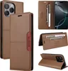 A collage of images showing a brown leather flip wallet phone case for an iPhone 12 Pro Max, with close-ups of its card slots and stand feature. Produktbild-Vorschau