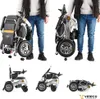 A collage of images showing an electric wheelchair in various states of use and folded, with a person demonstrating its portability. Náhľad obrázku produktu