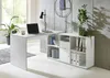 A modern white L-shaped desk with a modular shelving unit attached, set in a bright, contemporary office or home office space. Produktbild-Vorschau