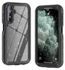 Two views of a black protective phone case, one showing the back with camera cutouts and a textured clear panel, and the other showing the front with a phone screen displaying the time and date. Anteprima dell’immagine prodotto