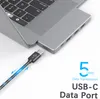 A USB-C hub adapter is shown connected to a laptop, with a USB-C cable nearby. Produktbild-Vorschau