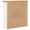 The back and side of a white and brown cabinet with a wood-grain back panel. Voir les images du produit