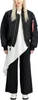 A person wearing a black bomber jacket and wide-leg black pants with a white asymmetrical top. Produktbild-Vorschau