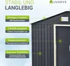 A close-up view of a dark gray metal shed with various features highlighted by text overlays and connecting lines. Produktbild-Vorschau