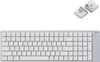 A white Lofree mechanical keyboard with silver accents and two small white keyboard switch components are shown against a white background. Produktbild-Vorschau