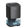 A black dehumidifier with a clear water reservoir filled with blue liquid, set against a white background.