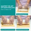 A collage of four images showing the steps to make sushi, with text overlays explaining each step. Produktbild-Vorschau
