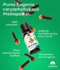 A bottle of clove oil is shown floating in the air, surrounded by cloves and text highlighting its purity and origin. Produktbild-Vorschau
