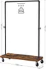A garment rack with a wooden shelf and wheels, showing dimensions and weight capacity. Náhled obrázku produktu