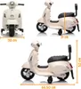 A collage of three images showing a white children's electric scooter from different angles, with dimensions indicated by orange lines and text. Podgląd zdjęcia produktu