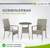 A set of outdoor furniture, including two chairs and a table, is displayed against a light gray and white background. Text overlays provide product information. Produktbild-Vorschau