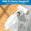 A white handheld vacuum cleaner is shown cleaning a carpeted floor and a wooden floor with debris. Produktbild-Vorschau