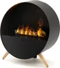 A modern black fireplace with wooden legs, featuring a realistic flame effect. Náhled obrázku produktu