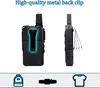 Two views of a black walkie-talkie with a metal back clip, and icons below representing a backpack, a belt clip, and a t-shirt. Produktbild-Vorschau