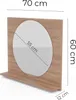 A wooden shelf with a round mirror mounted on it, with dimensions indicated. Podgląd zdjęcia produktu