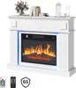 A white electric fireplace with a realistic flame effect and LED lighting, shown with remote controls and a GS safety certification logo. Produktbild-Vorschau