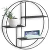 A black metal round wall shelf with decorative items. Náhled obrázku produktu