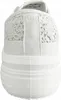 Rear view of a white sneaker with a lace-like pattern on the upper and a thick sole. Voir les images du produit