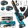 A collection of items for a mini chainsaw kit, including the chainsaw, batteries, chains, guide bars, and accessories, laid out on a white background. Voir les images du produit