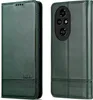 A green leather flip case for a smartphone, shown from the front and back. Produktbild-Vorschau