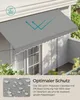 A gray awning extended over a window and balcony area, with a close-up inset showing water droplets on fabric. Produktbild-Vorschau
