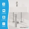 A white sink with a chrome faucet and drain assembly, set against a white wall with striped shadows. A blue sidebar contains icons and text describing product features. Produktbild-Vorschau