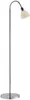 A black floor lamp with a curved neck and a white shade stands on a circular silver base against a white background. Náhled obrázku produktu