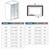 A diagram showing a shower enclosure with dimensions and a table of sizes and corresponding measurements. Produktbild-Vorschau