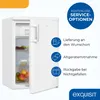 A white refrigerator with its door open, showcasing its interior and some fruit. To the right, there are icons and text describing service options. Produktbild-Vorschau