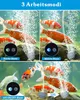 A collage of three images showing koi fish in an aquarium with bubbles, demonstrating different modes of an air pump. Produktbild-Vorschau