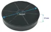 A round, black charcoal filter with dimensions indicated by blue arrows and text. Produktbild-Vorschau